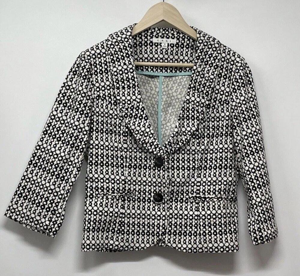 Cabi Women's Blazer Jacket White Black Circles Stretch Modcore Retro Preppy Sz 4
